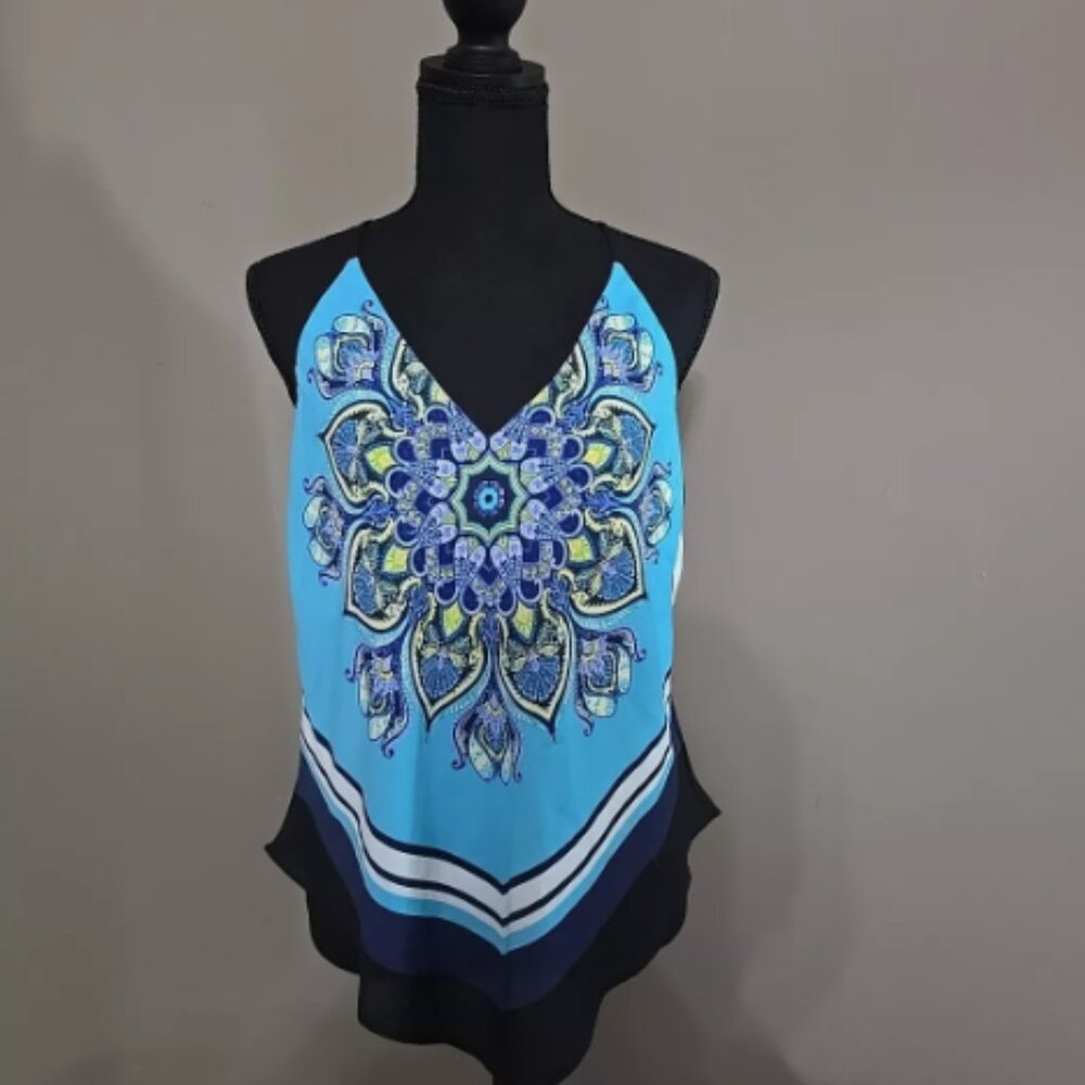 I.N. San Francisco Turquoise Blue Mandala V-Neck Sleeveless Blouse